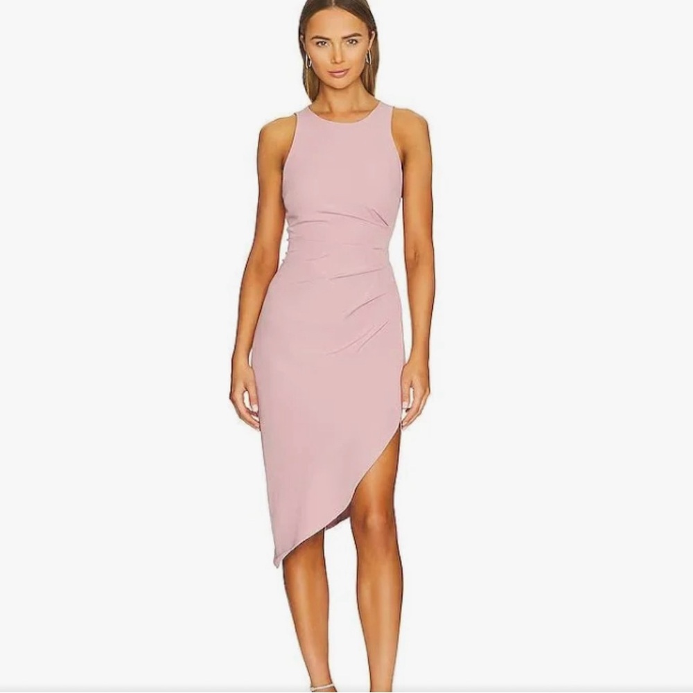 BCBGeneration Ruched Asymmetrical Midi Dress in Blush, Size 0